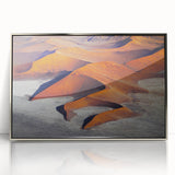Acrylic print of a Namibian landscape in muted earth tones, framed in silver, suitable for modern art wall decor.