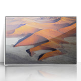 Large art print of an African scenery in Namibia, featuring a mid-century modernist style on white framed acrylic.