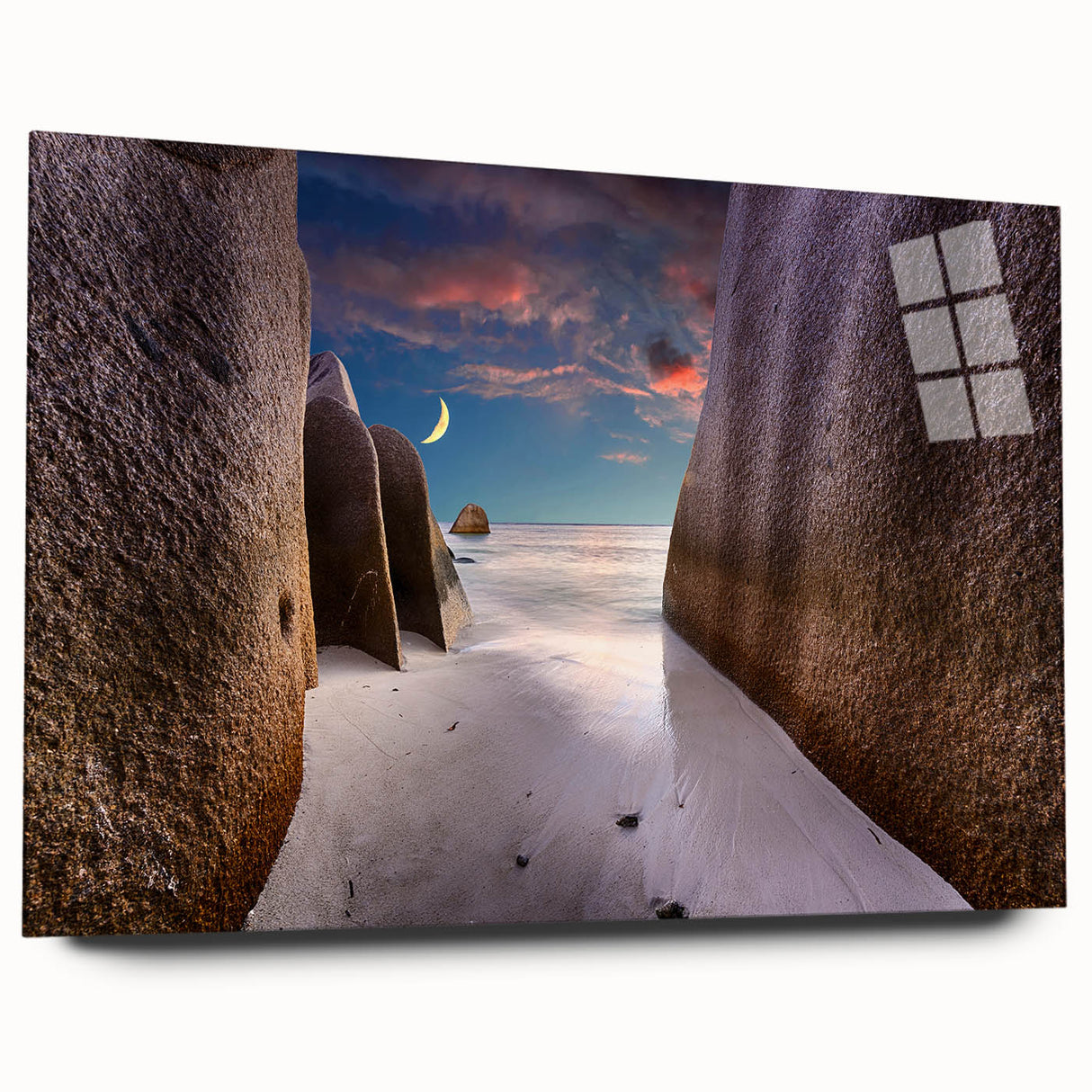 Large abstract wall art depicting a serene Seychelles beach scene in pastel colors on acrylic glass.