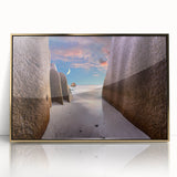 Framed acrylic print of a Seychelles landscape in gold tones, ideal for modern art wall decor.