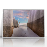 Art deco poster depicting a serene Seychelles landscape in muted blue and green tones, framed acrylic.