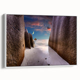 Vintage poster art of Seychelles scenery on framed canvas, featuring vibrant colors, ideal for living room decor.