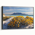 Black and white wall art featuring a vintage poster-style landscape of an African scenery on a framed canvas.