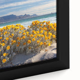 Close-up of extra large framed canvas featuring a textured African scenery in vibrant colors, ideal for living room decor.