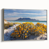 Framed canvas featuring a vintage-style landscape painting of a South African scenery with vibrant colors and silver frame.