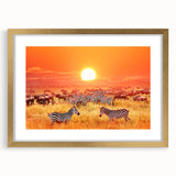 Extra large wall art featuring abstract depiction of Tanzania scenery in textured gold tones, framed with mat.
