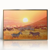 Large art print of a Tanzanian landscape on framed acrylic, featuring mid-century modernist style with gold and earth tones.