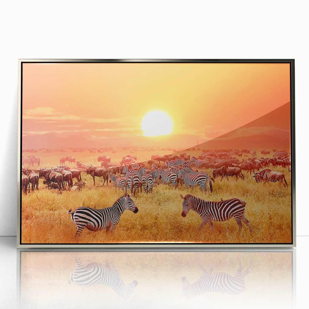 Mid-century modernist art depicting a serene Tanzanian landscape in muted earth tones, framed in acrylic.