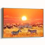 Framed canvas wall art depicting a Tanzanian landscape in muted earth tones, ideal for bedroom decor.