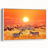 Vintage poster art of a Tanzanian scenery on a framed canvas, featuring a vibrant mix of colors, ideal for living room decor.
