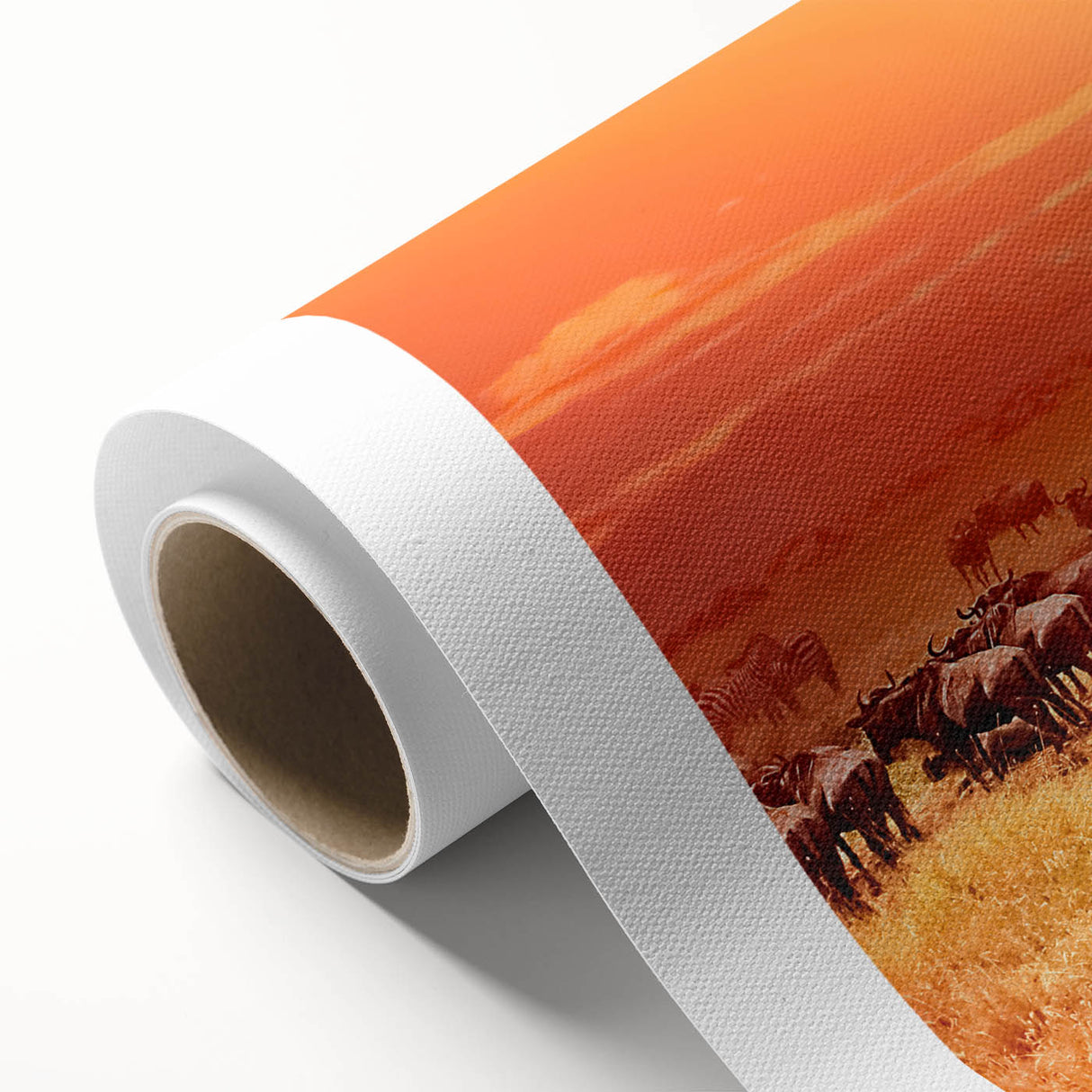Art deco poster of a Tanzanian landscape on rolled canvas, featuring muted earth tones, ideal for nursery wall art.