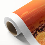 Art deco poster of a Tanzanian landscape on rolled canvas, featuring muted earth tones, ideal for nursery wall art.