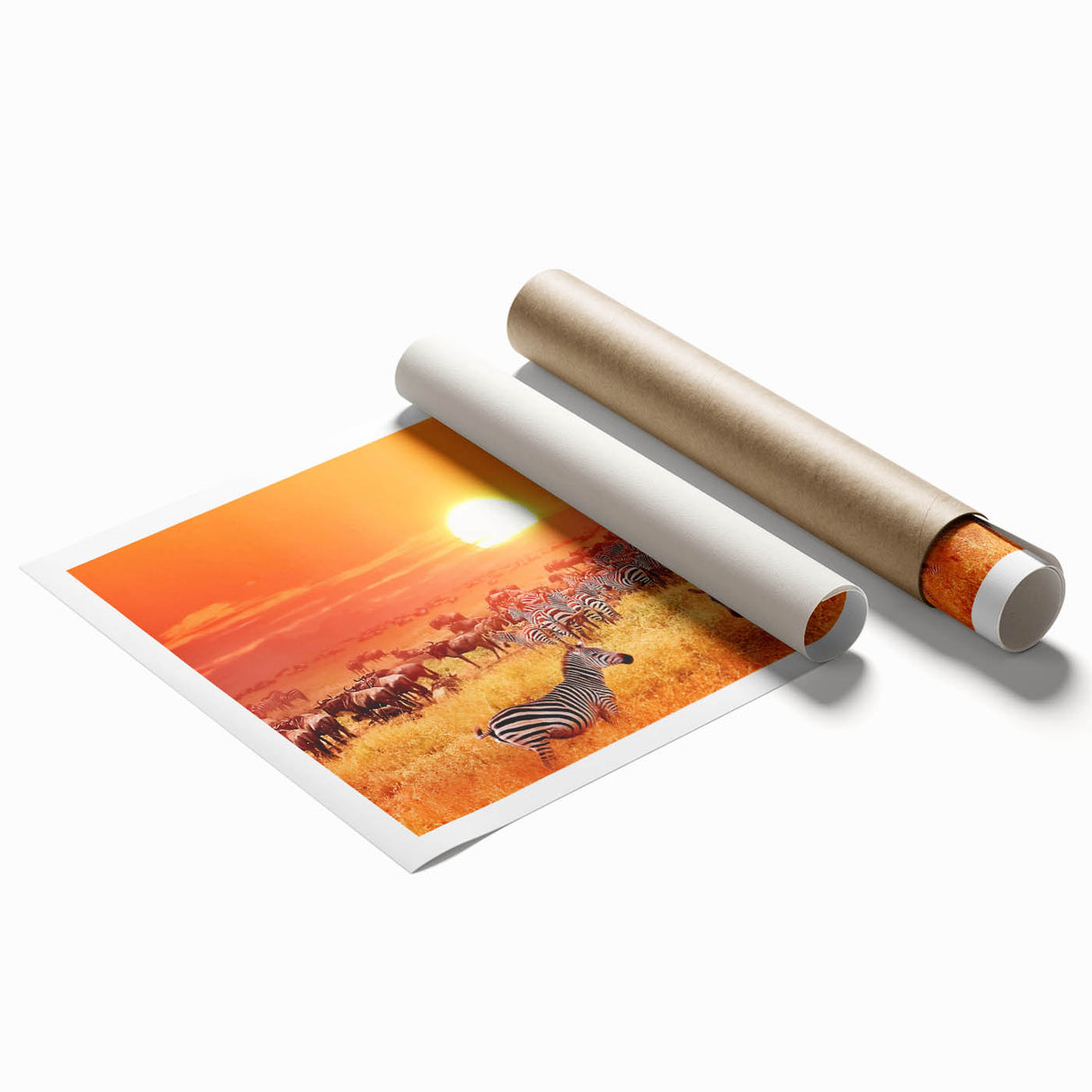 Extra large rolled print of Tanzanian scenery with floral elements in earth tones.