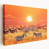 African savannah scene with elephants and acacia trees in earth tones on stretched canvas, suitable for kitchen wall art.