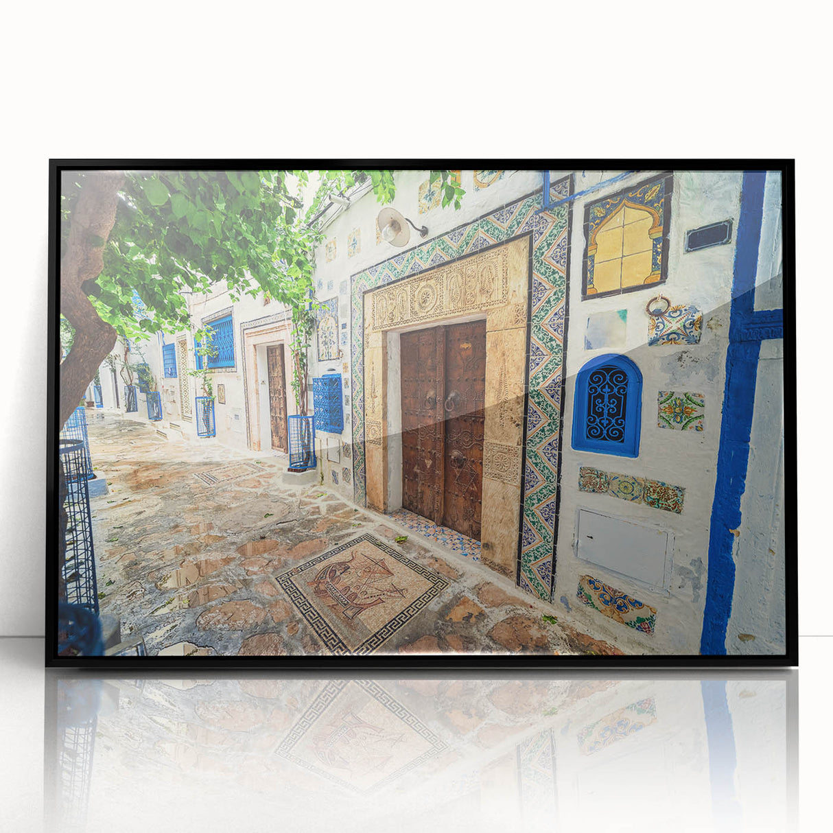 Large abstract wall art depicting a Tunisian landscape in muted earth tones on a framed acrylic.