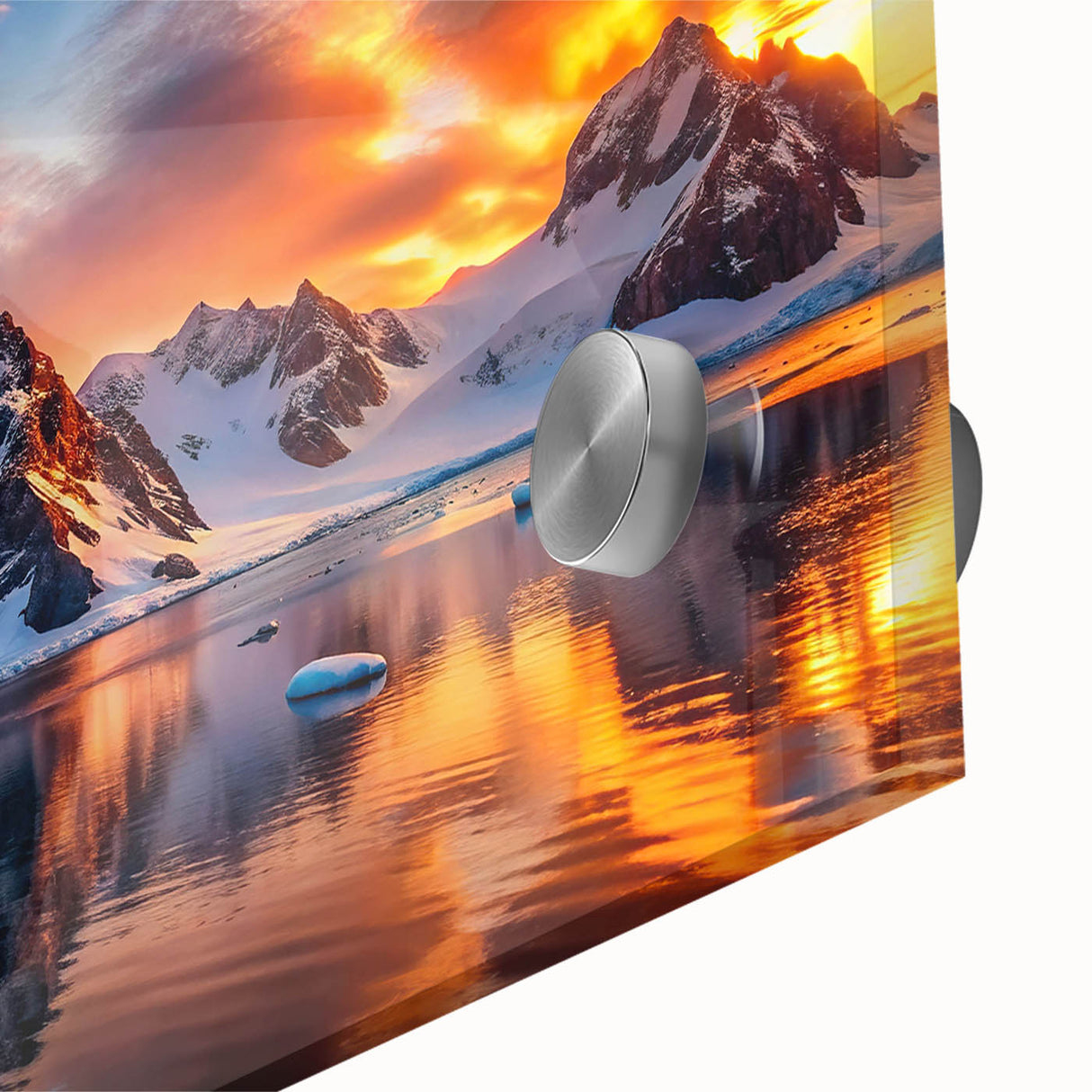 Antarctic landscape on large acrylic glass, featuring muted blue and white tones.