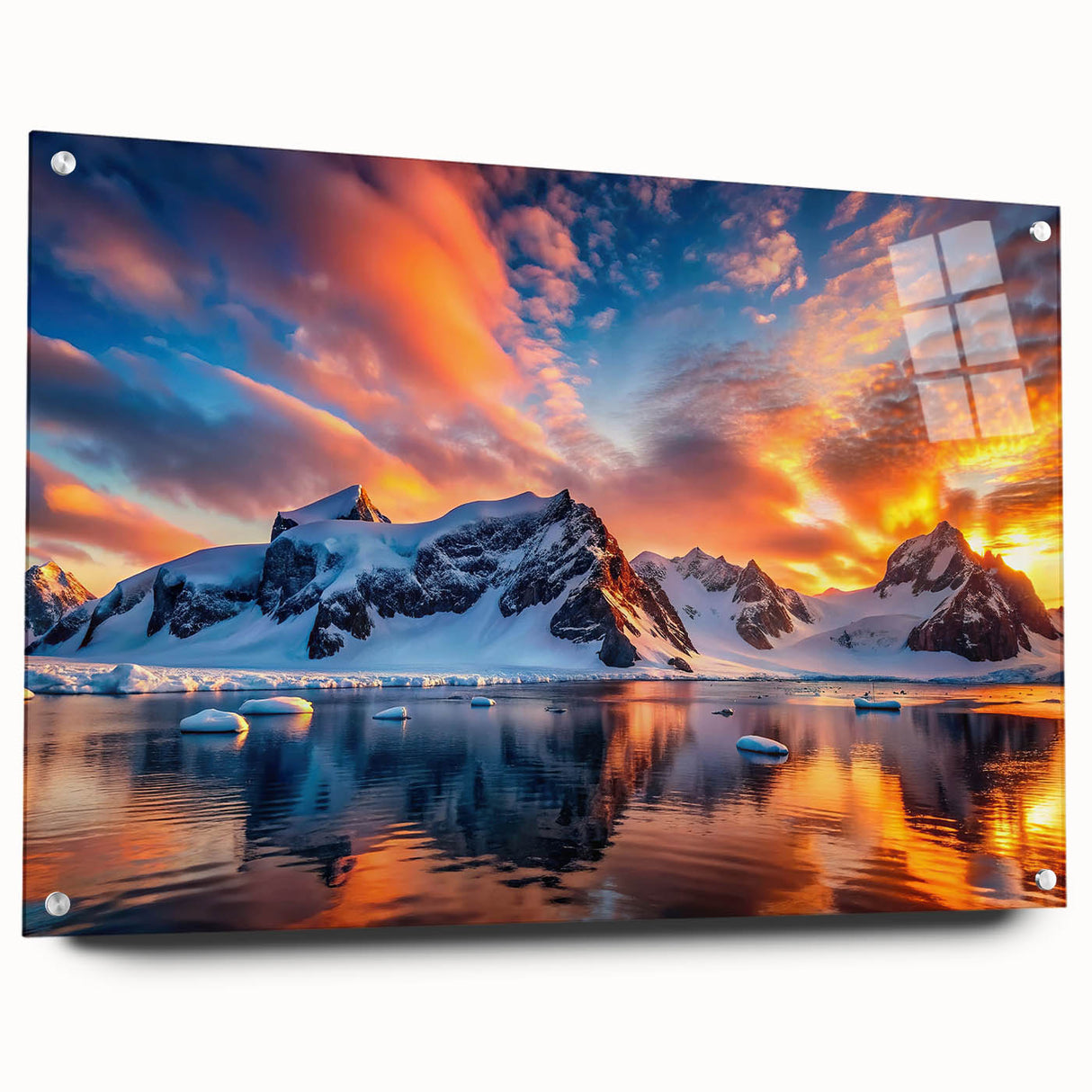 Antarctic landscape on large acrylic glass, featuring icy blue and white tones, suitable for dining or bedroom decor.