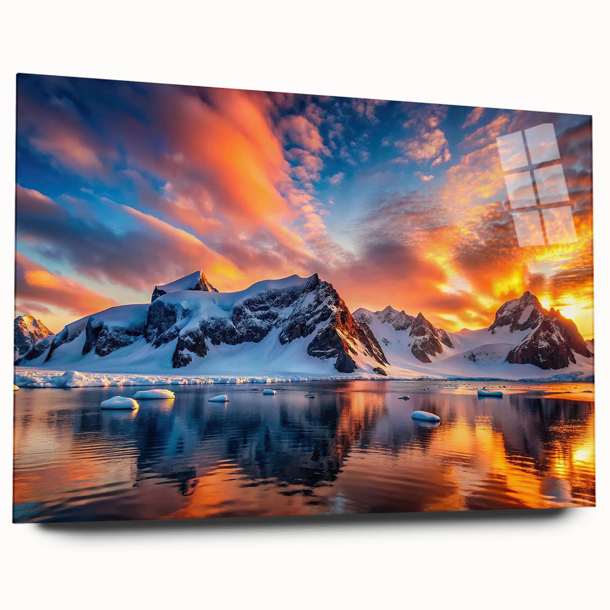 Large abstract depiction of Antarctic scenery in muted blue and white tones on acrylic glass.