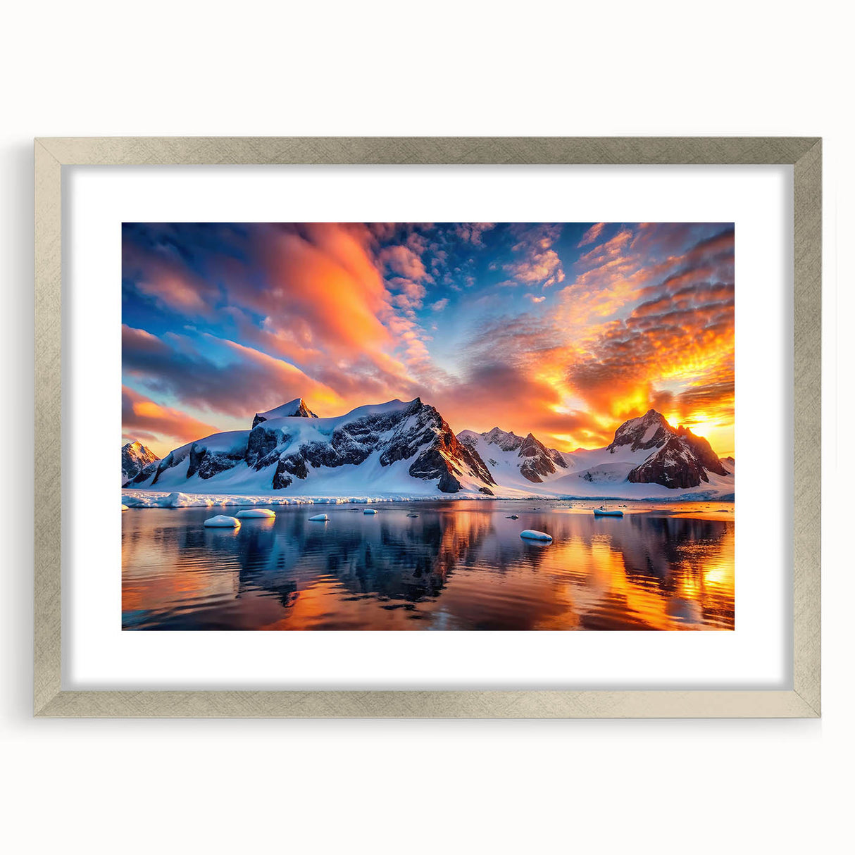 Textured abstract art print of Antarctic scenery in muted blue and white tones, framed in silver, ideal for bedroom art.