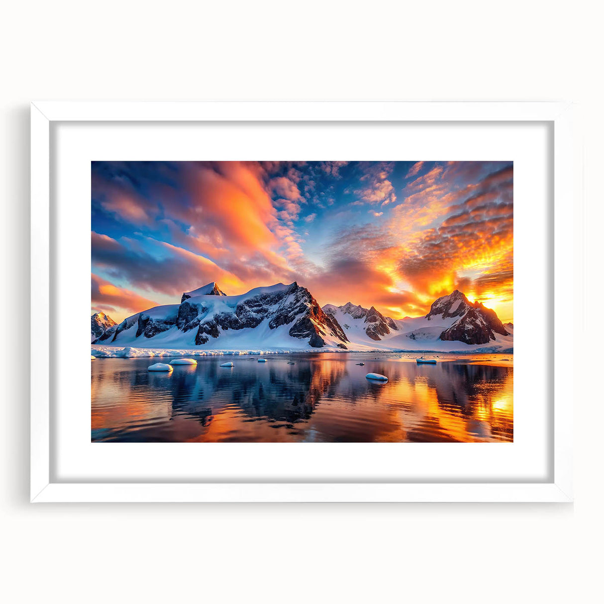 Abstract art print of Antarctic scenery in muted blue and white tones, framed with a white mat.