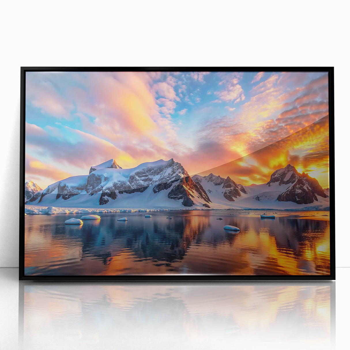 Large abstract wall art of an Antarctic landscape in black and white tones, framed in acrylic.