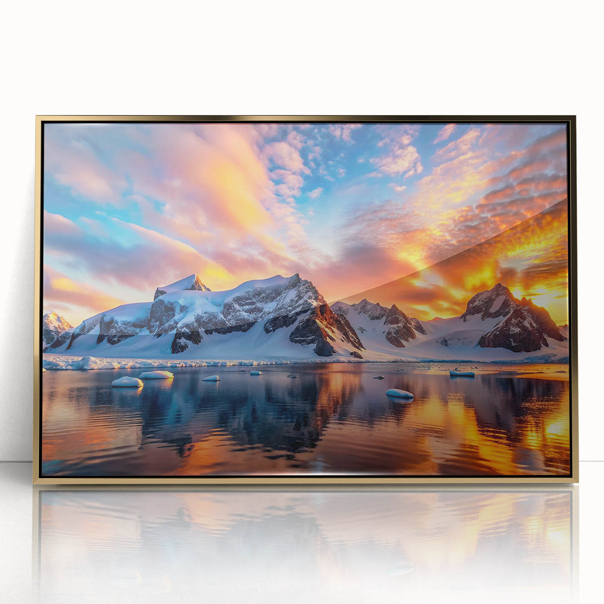 Large acrylic print of an Antarctic landscape in gold frame, featuring icy blue and white tones.
