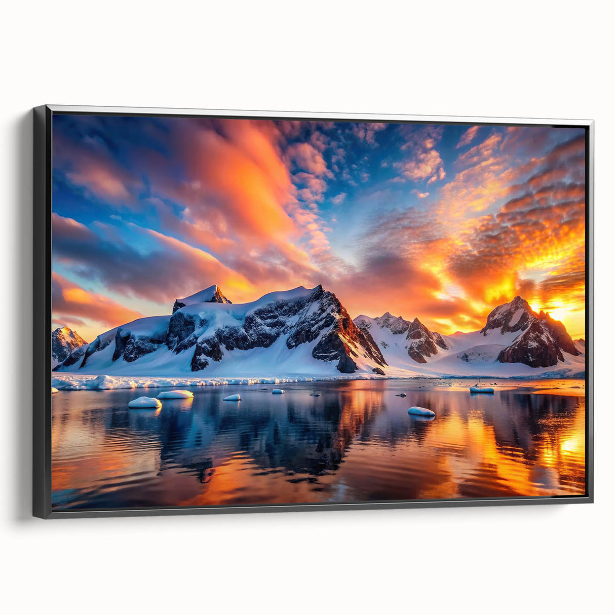 Black and white framed canvas of an Antarctic landscape, ideal for bedroom wall art.
