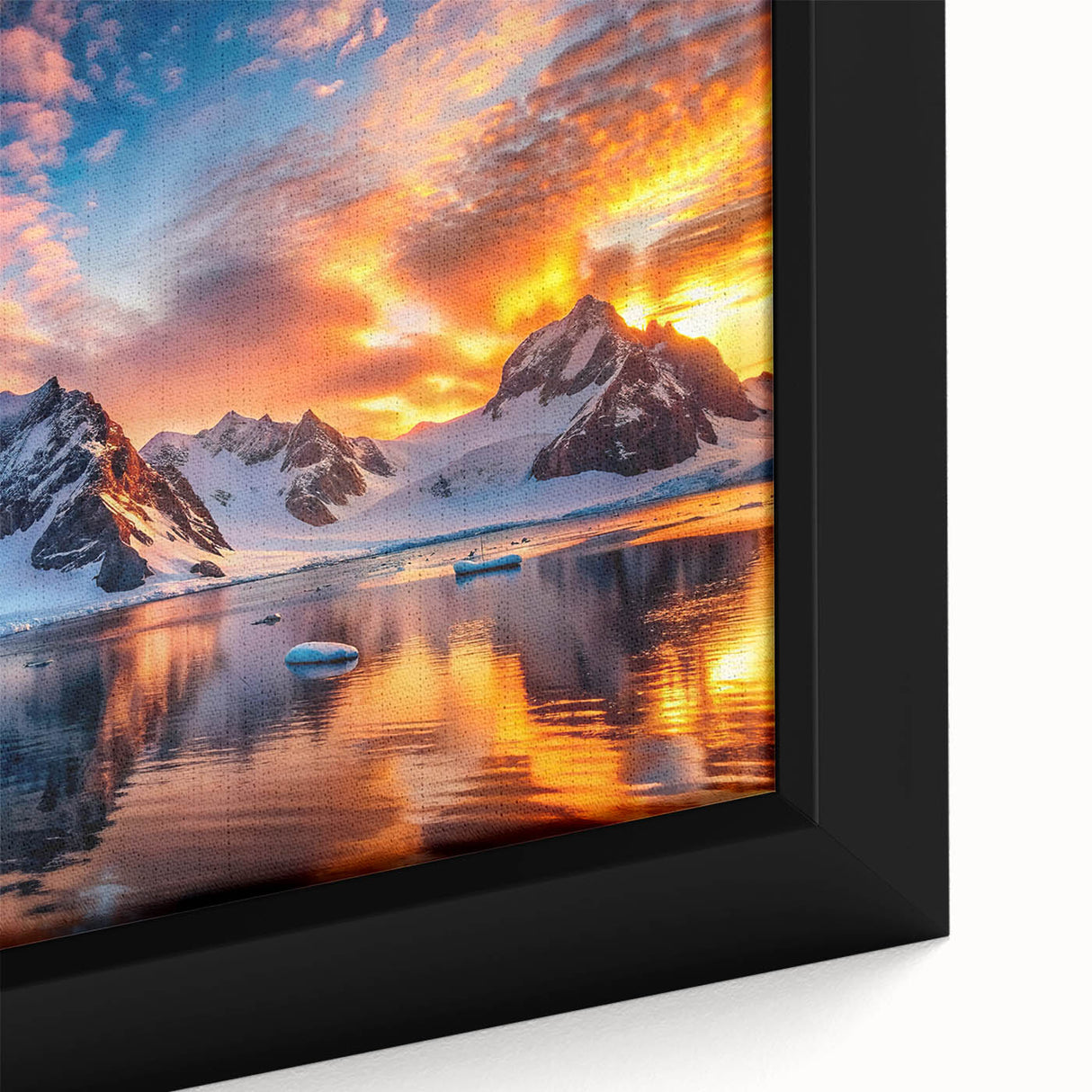 Extra large framed canvas featuring a textured black background with colorful, abstract Antarctic scenery.