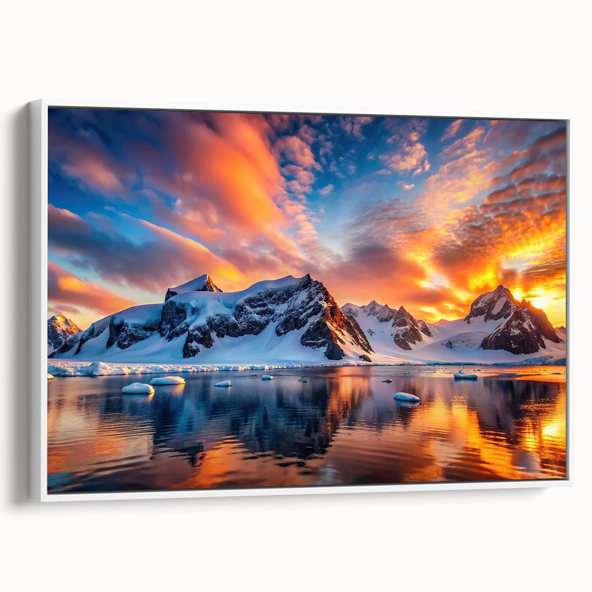 Vintage poster art of Antarctica landscape on framed canvas, featuring a monochrome palette, ideal for living room decor.