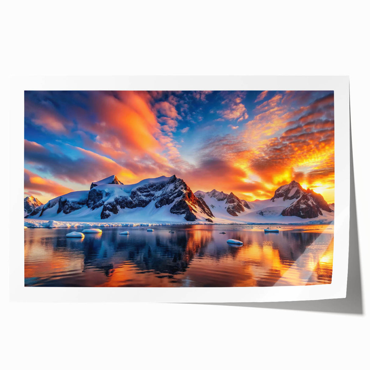Antarctic landscape on rolled canvas with icy blue and white tones, suitable for dining room wall art.