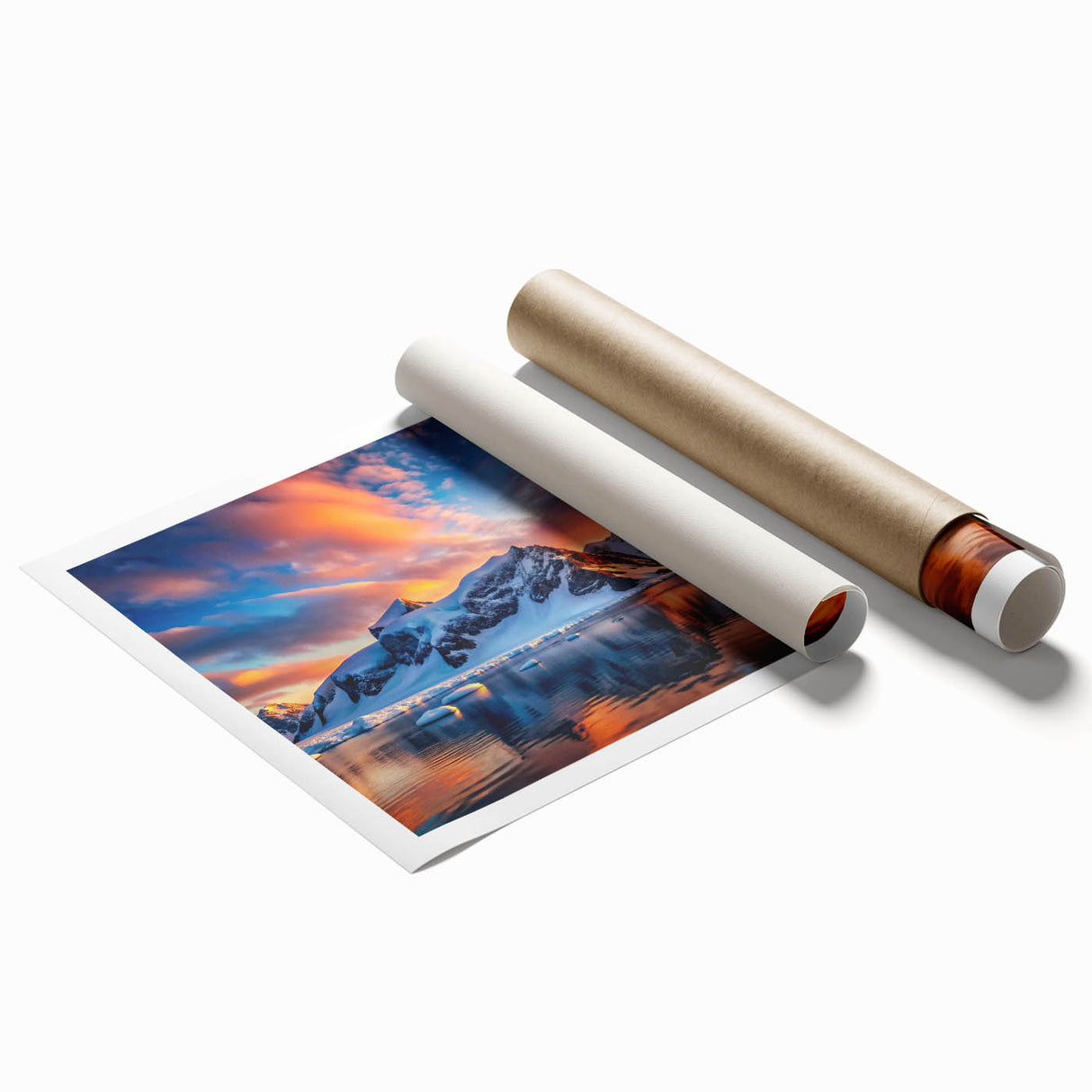 Extra large rolled print depicting a serene Antarctic landscape in muted blue and white tones.