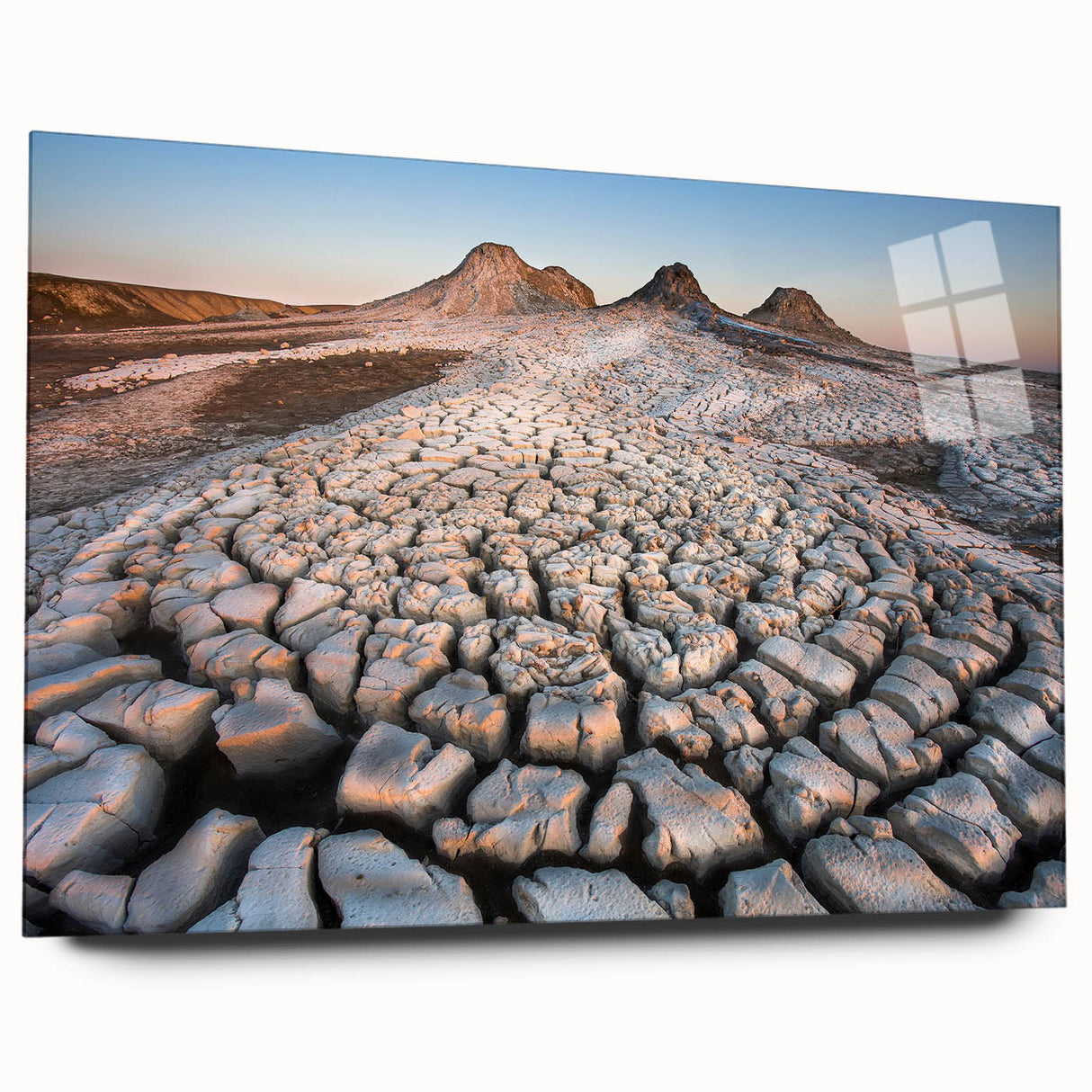 Large abstract wall art of an Asian landscape in muted earth tones on acrylic glass.