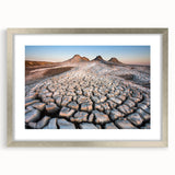 Textured abstract art print depicting a serene Azerbaijan landscape in muted earth tones, framed in silver.