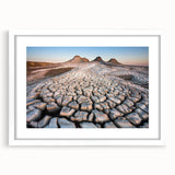 Abstract art print of an Asian landscape in muted earth tones on a framed white canvas, ideal for dining room decor.