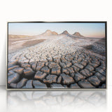 Mid-century modernist art depicting an Asian landscape in muted earth tones, framed acrylic, suitable for nursery wall decor.