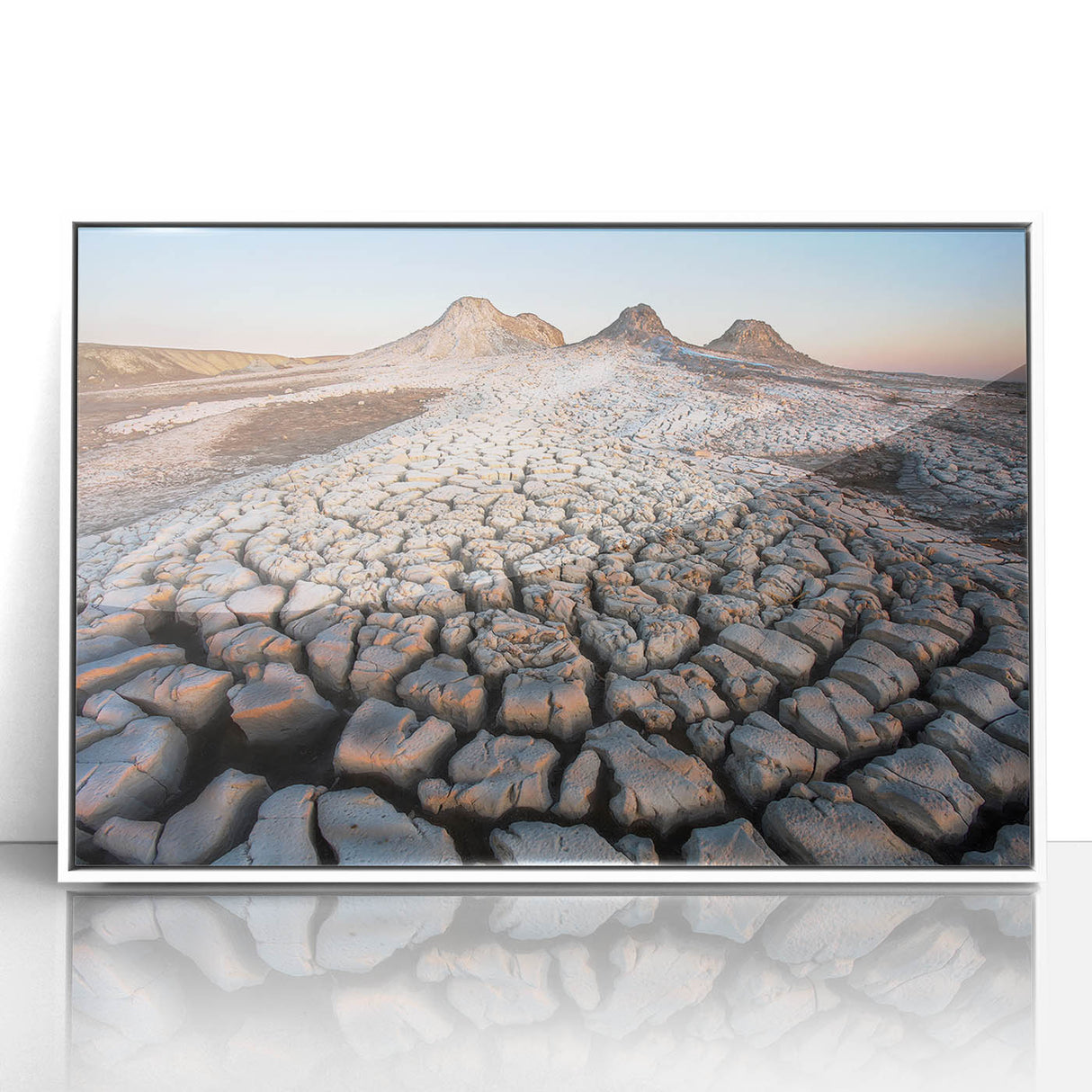Art deco poster of Asian scenery in Azerbaijan, featuring muted earth tones on framed acrylic.