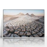 Art deco poster of Asian scenery in Azerbaijan, featuring muted earth tones on framed acrylic.