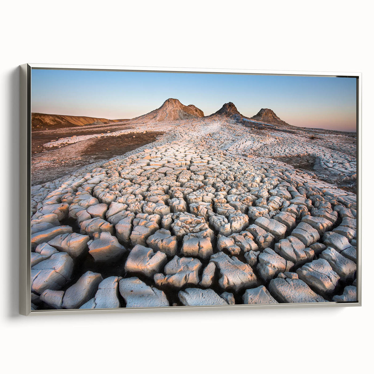 Landscape art painting of an Azerbaijani scenery in colorful hues on a black vintage poster art style framed canvas.