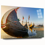 Large abstract wall art on acrylic glass depicting serene Bangladesh scenery in muted green and blue tones.