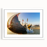 Abstract art print of a Bangladesh scenery in muted earth tones on a white framed canvas, suitable for dining room decor.