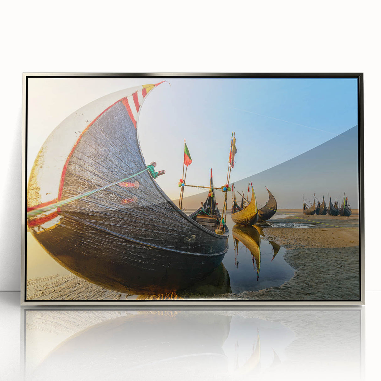 Mid-century modernist art depicting a tranquil Bangladesh landscape in soft pastel shades on a framed acrylic print.