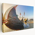 Large art depicting a tranquil Bangladesh river scene in muted greens and blues on stretched canvas.