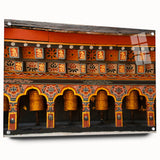 Acrylic print of a large abstract depiction of Bhutan scenery, using vibrant earth tones, ideal for dining room decor.