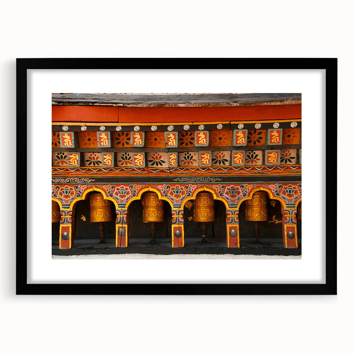 Extra large framed abstract art print featuring a colorful, textured depiction of a Bhutanese landscape.
