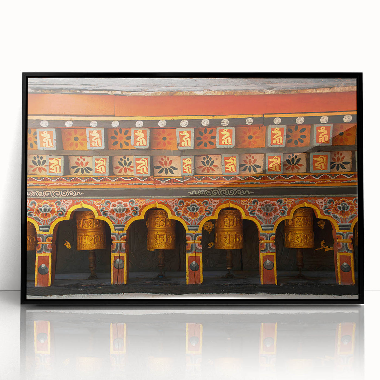 Large abstract wall art depicting a serene Bhutanese landscape in muted earth tones, framed in black acrylic.