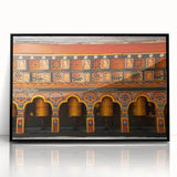 Large abstract wall art depicting a serene Bhutanese landscape in muted earth tones, framed in black acrylic.