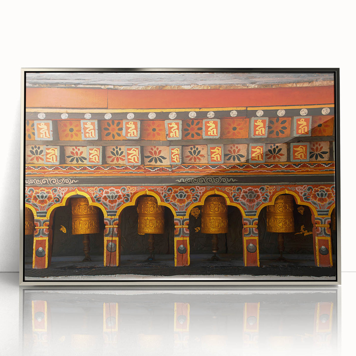 Mid-century modernist art depicting Bhutan scenery in muted earth tones on a silver-framed acrylic print.