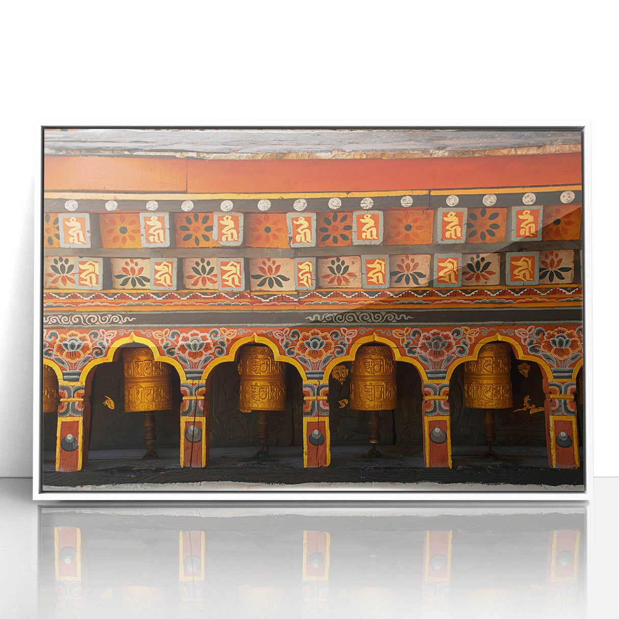 Acrylic print of a serene Bhutan landscape in soft hues, framed in white, suitable as modern art wall decor for a nursery.