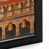 Extra large framed canvas featuring a textured, colorful Bhutanese landscape in black, ideal for living room decor.