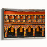 Landscape art painting of Bhutan scenery on framed canvas, featuring vibrant colors and vintage poster style.